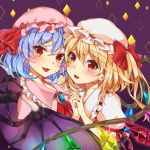  2girls ascot bat_wings blonde_hair blue_hair blush crystal fang fangs flandre_scarlet hat hat_ribbon holding_hands kagami_com looking_at_viewer mob_cap multiple_girls nail_polish open_mouth puffy_sleeves purple_background red_eyes remilia_scarlet ribbon short_hair short_sleeves siblings side_ponytail sisters smile touhou wings 