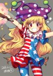  1girl american_flag_legwear american_flag_shirt bangs blonde_hair blush clownpiece collar dated fire frilled_collar frills grin hat iroyopon jester_cap long_hair looking_at_viewer pantyhose polka_dot red_eyes shirt simple_background smile solo standing star striped teeth torch touhou very_long_hair 
