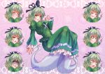  &gt;_&lt; 1girl blush breasts brown_eyes closed_eyes dress expressions ghost_tail green_dress green_hair hat highres large_breasts long_dress o_o shaded_face short_hair signature smile soga_no_tojiko tate_eboshi tears touhou zephid 