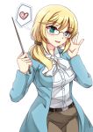  1girl belt blonde_hair blue_jacket breasts commentary_request ellen_baker glasses green_eyes hair_over_shoulder hair_ribbon hand_on_glasses highres jacket long_hair long_sleeves looking_at_viewer new_horizon open_mouth ribbon sheita solo stick upper_body 