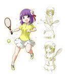  1girl ball blush flower hair_flower hair_ornament hieda_no_akyuu kousei_(public_planet) open_mouth purple_hair racket shirt skirt smile solo sportswear tennis_ball tennis_racket tennis_uniform touhou violet_eyes 