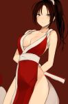  arms_behind_back blush breasts brown_eyes brown_hair china_dress chinese_clothes cleavage closed_fan collarbone copyright_request cowboy_shot dress fan folding_fan hair_ribbon hips looking_at_viewer lp_(hamasa00) ponytail red_background red_dress ribbon sash shiranui_mai side_slit simple_background sleeveless sleeveless_dress standing thighs white_ribbon 
