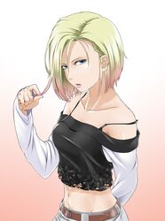  1girl adjusting_hair android_18 bare_shoulders belt blonde_hair breasts dragon_ball ear_piercing earrings groin highres jewelry long_sleeves looking_at_viewer midriff moku. navel off_shoulder parted_lips piercing solo strap_slip vest 