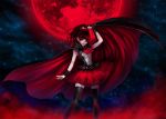  1girl arm_at_side babymetal bangs black_legwear blunt_bangs cape closed_mouth frills full_moon glint hair_ornament hair_scrunchie high_ponytail hood hood_down kunishige_keiichi legs_apart lens_flare light_particles long_hair looking_at_viewer moon nakamoto_suzuka night night_sky red_eyes red_lips red_moon red_skirt redhead scale_armor scrunchie skirt sky sleeveless solo standing star_(sky) thigh-highs wristband zettai_ryouiki 
