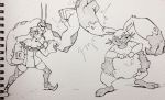  absurdres bare_shoulders boots cerebella_(skullgirls) closed_eyes diggersby drawfag fist_bump headpiece highres knee_boots monochrome open_mouth pokemon scan skullgirls smile standing traditional_media 