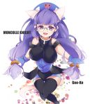  1girl bangs bare_shoulders blush boots breasts fingerless_gloves glasses gloves gluko headset open_mouth purple_hair rokumon_tengai_mon_colle_knight sitting smile solo thigh-highs thigh_boots violet_eyes 