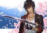  1boy black_gloves brown_hair cherry_blossoms dark_skin gloves katana male_focus ookurikara oooocha sword tattoo touken_ranbu weapon yellow_eyes 