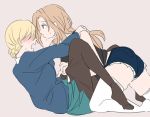  2girls blonde_hair blush cutoffs darjeeling denim denim_shorts girls_und_panzer hisaki_(morenabe) kay_(girls_und_panzer) long_hair multiple_girls pantyhose pantyhose_pull short_hair shorts skindentation sweatdrop thigh-highs thighs uniform white_legwear yuri 