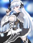  1girl black_bow black_dress bow character_request cleavage_cutout cowboy_shot dress dual_wielding frills gun hairband long_hair looking_at_viewer small_breasts smile solo takano_mei tales_of_(series) tales_of_link trigger_discipline violet_eyes weapon white_bow white_hair 
