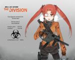  1girl assault_rifle backpack bag brown_hair ekuesu eyepatch girls_und_panzer gun highres holster jacket kadotani_anzu long_hair rifle tom_clancy&#039;s_the_division twintails weapon 