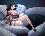  1girl ahri animal_ears arm_support bare_shoulders black_hair braid breasts cleavage collarbone detached_sleeves edooit fox_ears fox_tail full_body high_heels highres hitodama korean_clothes large_breasts league_of_legends lips long_hair looking_at_viewer magic multiple_tails open_mouth sitting solo tail yellow_eyes 