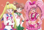  3girls bishoujo_senshi_sailor_moon bishoujo_senshi_sailor_moon_crystal blonde_hair blue_eyes brown_hair cat choker cure_melody earrings female gloves green_eyes hair_bobbles hair_ornament hair_ribbon hand_on_hip heart heart_earrings houjou_hibiki hummy_(suite_precure) jewelry kino_makoto koshimizu_ami midriff mitsuishi_kotono multiple_girls one_eye_closed onomekaman open_mouth pink_hair ponytail precure ribbon sailor_jupiter sailor_moon school_uniform seiyuu_connection serafuku simple_background star star_earrings suite_precure tiara tsukino_usagi twintails 