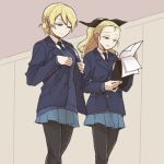  2girls assam blonde_hair darjeeling girls_und_panzer jacket long_hair multiple_girls necktie pantyhose ponytail reading ree_(re-19) ribbon school_uniform short_hair skirt walking 