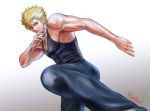  1boy artist_name blonde_hair blue_eyes denim fighting_stance gradient gradient_background jacky_bryant jeans kicking male_focus muscle pants pectorals pink_devil revision ribs short_hair signature solo standing_on_one_leg tank_top veins virtua_fighter 