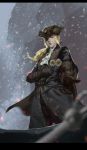  1girl baka_(mh6516620) blonde_hair bloodborne blue_eyes blurry coat cravat depth_of_field flower gloves hat hat_feather highres jewelry lady_maria_of_the_astral_clocktower pants pendant ponytail snow solo tears the_old_hunters 