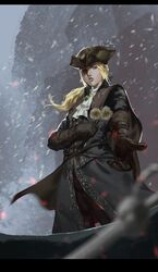  1girl baka_(mh6516620) blonde_hair bloodborne blue_eyes blurry coat cravat depth_of_field flower gloves hat hat_feather highres jewelry lady_maria_of_the_astral_clocktower pants pendant ponytail snow solo tears the_old_hunters 