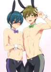  animal_ears blue_hair blush bow bowtie brown_eyes brown_hair detached_collar detached_sleeves free! green_eyes high_speed! jammers kirishima_ikuya male_focus no_nipples open_mouth rabbit_ears smile sweatdrop tachibana_makoto v 