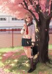  1girl bag black_legwear brown_eyes brown_hair cherry_blossoms highres kneehighs letter limobok long_hair original pleated_skirt school school_bag school_uniform serafuku skirt solo 