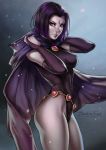  1girl artist_name breasts cape dandon_fuga forehead_jewel highleg highleg_leotard impossible_clothes leotard purple_hair raven_(dc) skin_tight solo teen_titans thighs violet_eyes watermark web_address 
