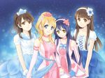  4girls ayase_eli bangs blonde_hair blue_eyes blunt_bangs blush bokutachi_wa_hitotsu_no_hikari brown_eyes brown_hair choker collarbone dress elbow_gloves flower gloves hair_flower hair_ornament holding_hands long_hair love_live!_school_idol_project mimori_(cotton_heart) mimori_suzuko multiple_girls nanjou_yoshino open_mouth ponytail seiyuu smile sonoda_umi yuri 