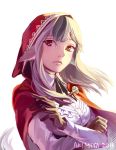  1girl animal_ears artist_name fire_emblem fire_emblem_if gloves grey_hair hood hoodie long_sleeves multicolored_hair piano_(agneschen) red_eyes simple_background solo tail two-tone_hair velour_(fire_emblem_if) white_background white_hair wolf_ears wolf_tail 