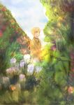  1boy axis_powers_hetalia blonde_hair blurry bush coat depth_of_field flower green_eyes kutorakuro light_particles male_focus sky solo sunlight united_kingdom_(hetalia) 