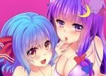  2girls :d bangs bare_shoulders blunt_bangs blush bow breasts cleavage collarbone double_bun fang hair_bow hair_ribbon large_breasts looking_at_viewer multiple_girls open_mouth patchouli_knowledge remilia_scarlet ribbon rimu_(kingyo_origin) shiny shiny_skin smile touhou upper_body 