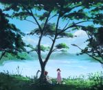  2girls animal_ears barefoot black_hair blue_dress blue_sky carrot_necklace clouds day dress grass heiya inaba inaba_tewi lake looking_at_another mountain multiple_girls onozuka_komachi pink_dress rabbit_ears redhead scenery scythe short_hair short_sleeves sitting skirt sky sleeveless sleeveless_dress standing touhou tree tree_shade two_side_up white_skirt 