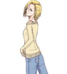  1girl android_18 denim dragon_ball free-da hair_between_eyes hair_over_one_eye jeans looking_at_viewer off_shoulder pants short_hair sketch smile solo sweater white_background 