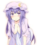  1girl bangs blush breasts chata_maru_(irori_sabou) collarbone crescent crescent_hair_ornament hair_ornament hanging_breasts hat highres large_breasts long_hair looking_at_viewer mob_cap open_clothes patchouli_knowledge purple_hair short_sleeves solo touhou violet_eyes 