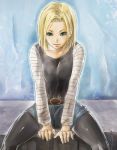  1girl android_18 belt blonde_hair blue_eyes breast_squeeze breasts denim_skirt dragon_ball dragon_ball_z highres skirt smile solo tank_top thighs yuuya_(inudama) 