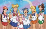  6+boys :d baseball_cap beer_can bishoujo_senshi_sailor_moon blonde_hair blue_hair blue_skirt bow bowtie brown_hair character_request cigarette glasses green_skirt hair_bow hat king_of_the_hill long_hair multiple_boys open_mouth orange_skirt pink_skirt pleated_skirt ponytail red_skirt sailor_collar school_uniform serafuku shirt short_hair short_sleeves skirt smile smoking standing sunglasses twintails very_long_hair wavy_hair white_shirt 