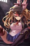  1girl arms_up bandages blonde_hair blush boots breasts chain granblue_fantasy grey_eyes hat jacket kurione_(zassou) large_breasts long_hair long_sleeves monica_(granblue_fantasy) open_clothes peaked_cap pleated_skirt restrained skirt solo spread_legs stocks torn_clothes twintails 