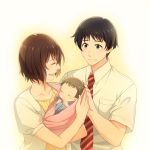  1girl 2boys baby black_hair boku_dake_ga_inai_machi brown_hair carrying closed_eyes family father_and_son hinazuki_kayo husband_and_wife mother_and_son multiple_boys necktie sasakura34 short_hair smile spoilers sugita_hiromi sugita_mirai 