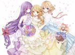  3girls alice_margatroid basket blonde_hair blue_dress blue_eyes blue_gloves bouquet bow breasts brown_shoes capelet carrying cleavage dress elbow_gloves expressionless flower frilled_dress frills gloves hair_bow hips kirisame_marisa large_breasts long_hair looking_at_viewer multiple_girls open_mouth patchouli_knowledge petals purple_dress purple_gloves purple_hair ribbon rose sachi_(artist) see-through shanghai_doll shiny shiny_hair shoes short_hair simple_background single_strap small_breasts smile strapless strapless_dress teeth touhou veil very_long_hair violet_eyes wavy_hair wedding_dress white_background white_legwear wind yellow_dress yellow_eyes yellow_gloves 