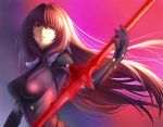  1girl bodysuit breasts covered_nipples fate/grand_order fate_(series) gae_bolg glowing glowing_weapon holding large_breasts long_hair looking_at_viewer pauldrons pdz polearm purple_hair red_eyes scathach_(fate/grand_order) smile solo spear teeth upper_body very_long_hair weapon 