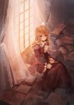  1girl bangs blonde_hair book cravat curly_hair curtains frills hands_on_lap highres indoors koruse long_hair long_skirt long_sleeves looking_at_viewer original red_eyes sitting skirt solo wide_sleeves window 