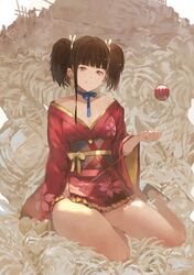  1girl bangs blunt_bangs brown_hair collarbone floral_print hair_ribbon highres japanese_clothes kendama koutetsujou_no_kabaneri long_sleeves looking_at_viewer mumei_(kabaneri) off_shoulder red_eyes ribbon sandals sash sitting smile solo tokopi twintails wide_sleeves 