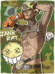  1boy blonde_hair eyebrows hands_on_head harness junkrat mechanical_arm muscle overwatch thick_eyebrows tongue tongue_out yellow_eyes 