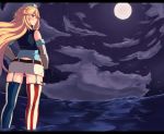  1girl absurdres ahoge ass asymmetrical_legwear black_gloves blonde_hair clouds elbow_gloves from_behind gloves hat highres iowa_(kantai_collection) kantai_collection letterboxed long_hair looking_back microskirt mino_kureha moon night night_sky partially_submerged skirt sky smile solo star star-shaped_pupils striped striped_legwear symbol-shaped_pupils violet_eyes 