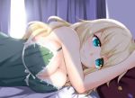  1girl alternate_costume atago_(kantai_collection) babydoll bangs blonde_hair blue_eyes breasts closed_mouth commentary eyebrows eyebrows_visible_through_hair indoors kantai_collection large_breasts long_hair looking_at_viewer lying morning on_bed on_side pan-pa-ka-paaan! pillow rocha_(artist) shade smile solo upper_body 