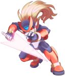  1boy android armor blonde_hair bodysuit crimsonracer energy_sword fighting_stance full_body helmet highres long_hair male_focus omega_(rockman) red_eyes rockman rockman_zero solo subzerochimera sword weapon 