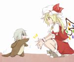  2girls animal_costume blonde_hair blue_eyes child dog_costume dog_slippers flandre_scarlet hat izayoi_sakuya mob_cap multiple_girls puffy_short_sleeves puffy_sleeves red_eyes shirt short_sleeves silver_hair skirt skirt_set smile squatting touhou vest wings wrist_cuffs younger yuuta_(monochrome) 