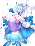  1girl altaria bare_shoulders blue_dress blue_hair blue_legwear blue_nails blue_rose bracelet breast_hold breasts cleavage closed_eyes detached_sleeves dress flower hair_ornament hairclip hat jewelry musharna nail_polish needle personification pokemon rose shikkoku_neko smile stitches 