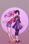  2girls artist_name bishoujo_senshi_sailor_moon black_hair blush capri_pants cassidy_stone cheek_kiss chibi_usa closed_eyes dress earrings jewelry kiss multiple_girls pants parted_lips pink_hair short_twintails shorts signature standing tank_top tomoe_hotaru twintails yuri 