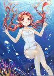  1girl bracelet brown_hair coral dungeon_and_fighter jewelry long_hair navel pointy_ears red_eyes school_swimsuit shiny shiny_skin swimsuit trianon twintails underwater white_school_swimsuit white_swimsuit 