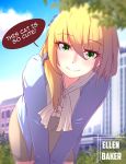  1girl absurdres blonde_hair blush character_name ellen_baker english green_eyes highres long_hair looking_at_viewer nas_(z666ful) new_horizon smile solo speech_bubble 