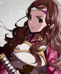  1girl armor brown_hair fire_emblem fire_emblem_if grey_background headband himasen japanese_armor katana kazahana_(fire_emblem_if) long_hair red_eyes simple_background solo sword weapon 