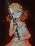  artist_request bangs blonde_hair blunt_bangs commentary_request copyright_request dark_background dress evil_smile frilled_dress frills glint glowing glowing_eyes holding holding_sword holding_weapon katana looking_at_viewer shirt sleeveless sleeveless_shirt smile sword violet_eyes weapon 