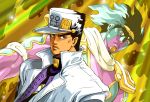  aura black_hair earrings gakuran green_eyes hat jewelry jojo_no_kimyou_na_bouken kuujou_joutarou long_coat mahito_(tranjistor) male_focus school_uniform stand_(jojo) star_platinum 